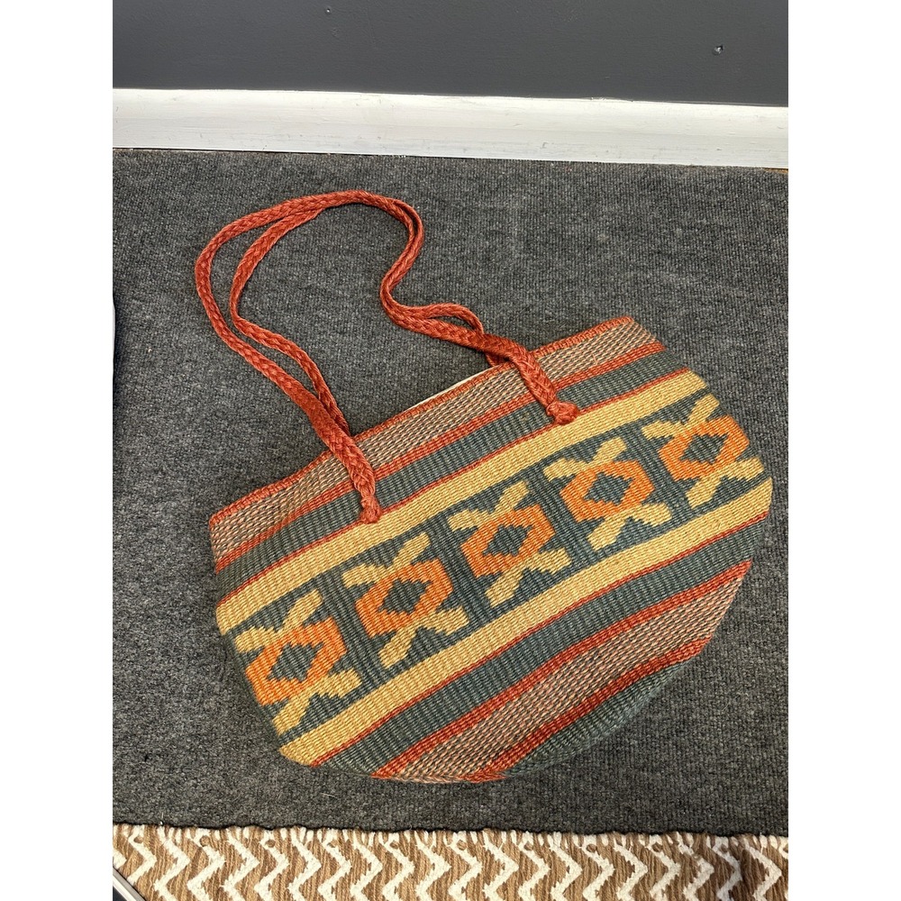 Woven Geometric Tote Bag Southwestern Boho Rug Purse Braided Rope Double Handles